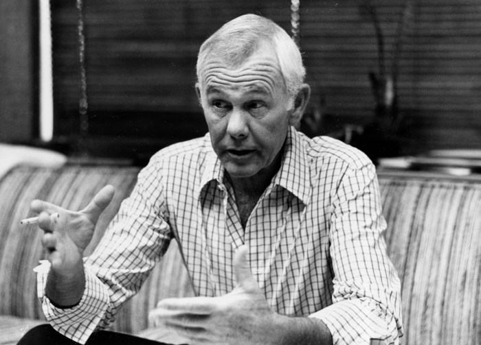 Johnny Carson, host of the "Tonight Show," talks in his office in Los Angeles, Ca., Sept. 14, 1982. The late-night talk show celebrates its 20th year on television. (AP Photo/Nick Ut)