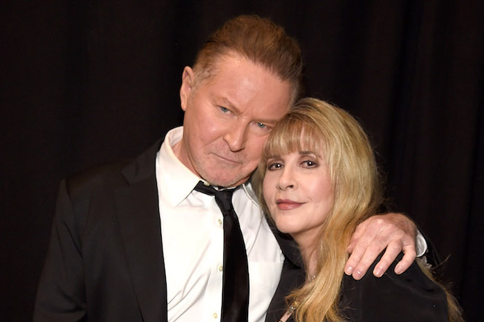 Don Henley and Stevie Nicks backstage at the 59th Grammy Awards