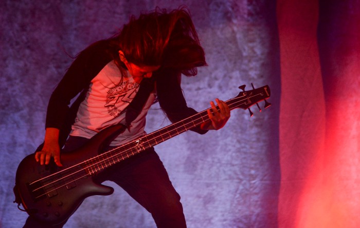 Korn's band 12-year-old Tye Trujillo, son of Metallica's bassist Robert Trujillo performs in Bogota on April 17, 2017