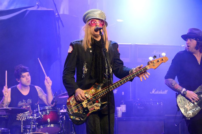  Enuff Z'Nuff, featuring drummer Daniel Hill, singer Chip Z'Nuff, and guitar player Tony Stoffregen, performs in Agoura Hills, Calif., in 2017