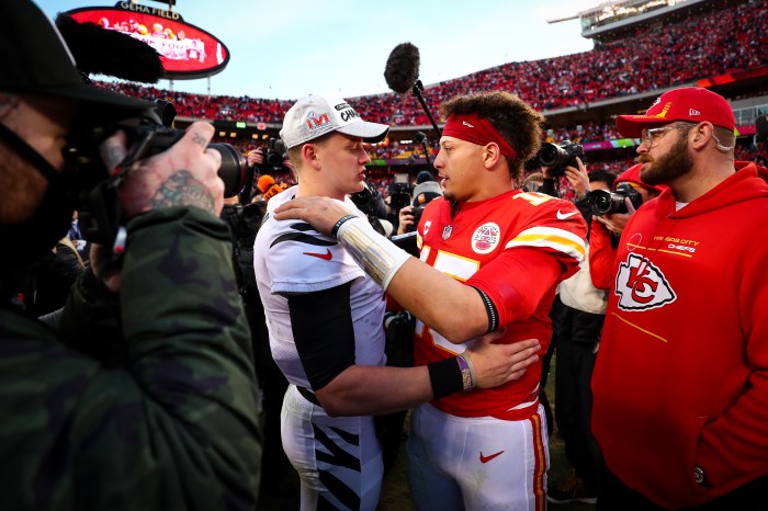 Quarterbacks Joe Burrow of the Bengals and Patrick Mahomes of the Chiefs after the 2022 A.F.C. Championship