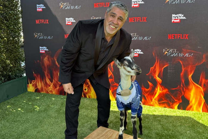 Stern Show executive producer Gary Dell’Abate and a goat at Netflix’s roast of Tom Brady